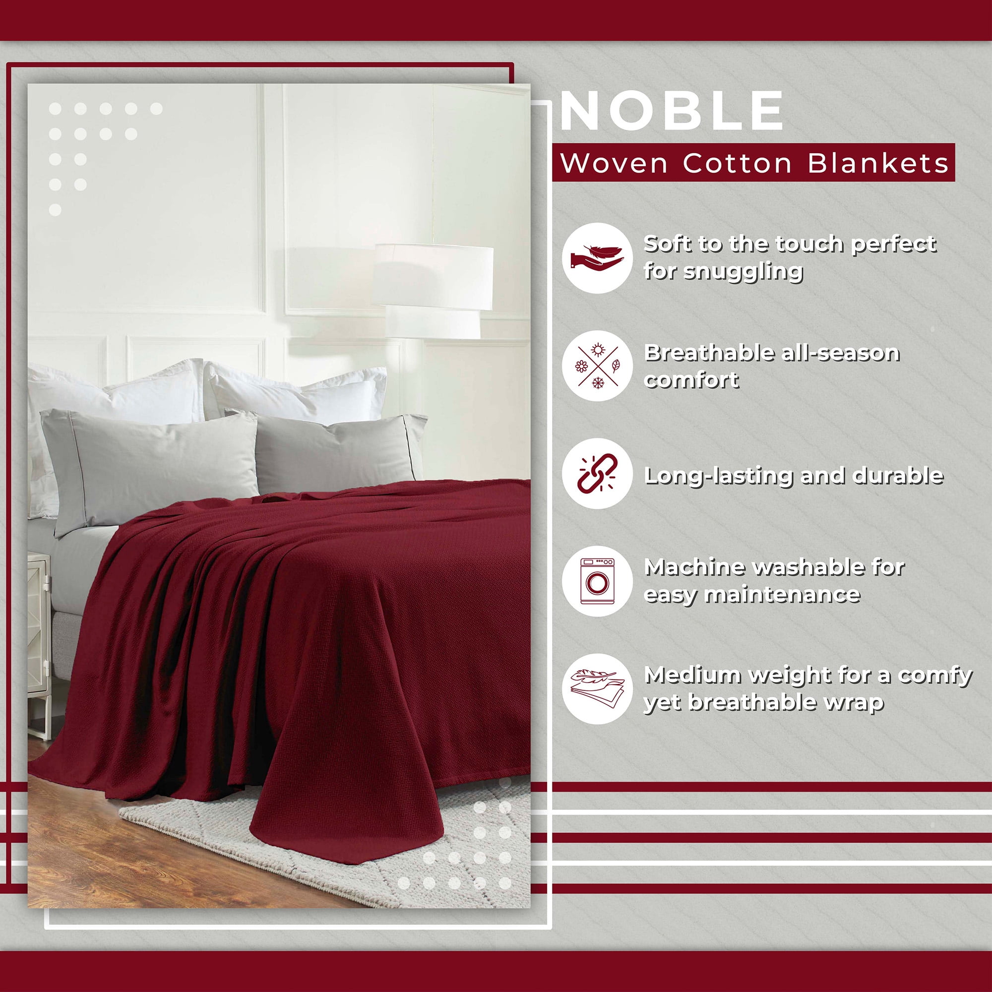 Superior Nobel Cotton Textured Chevron Woven Blanket, Twin, Burgundy