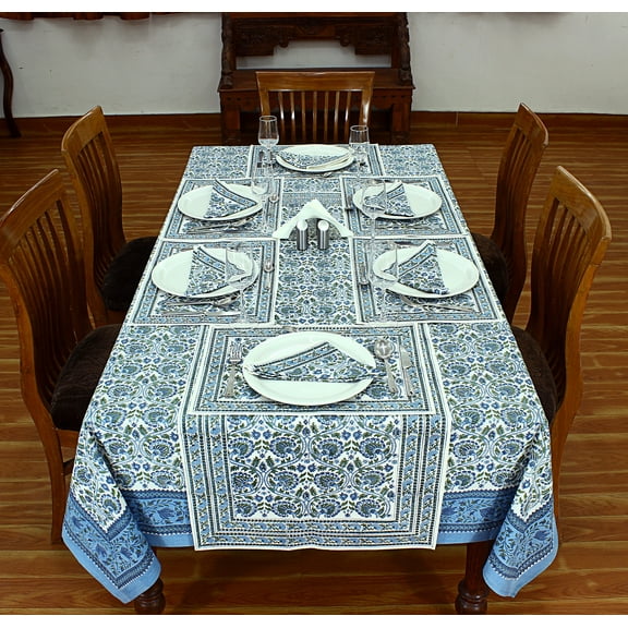 Blue & Green Indian Hand Block Floral Printed Easter Tablecloth Cotton Cloth Wedding Farmhouse Party Home Table Cover and Linen Set 72x118 Inches