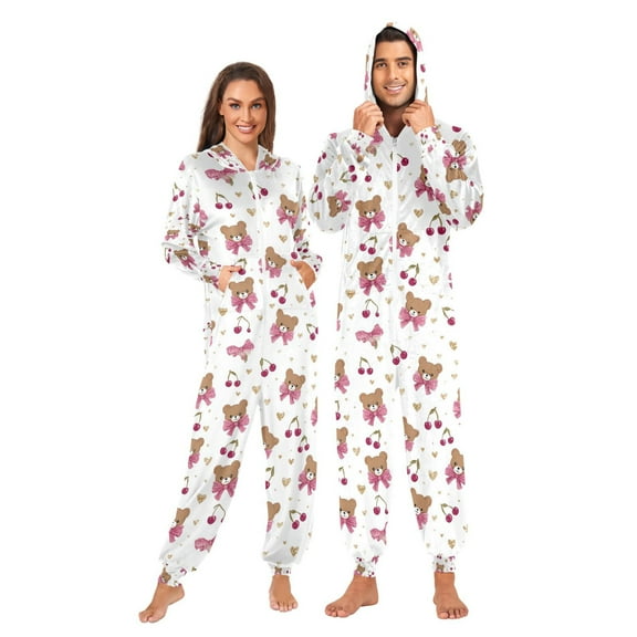 Adult Christmas Onesie Pink Bow and Brown Bear Adult Zipper One-Piece Pajamas Unisex Pajamas with Pockets