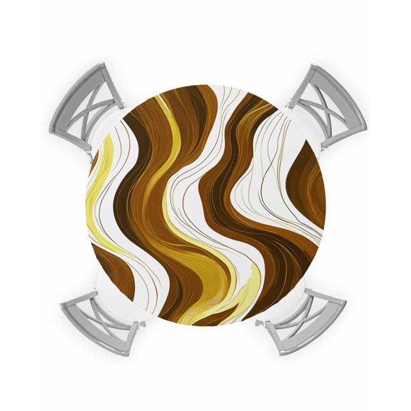nqOlkjepod Brown Stripe Round Tablecloth, Fitted Table Cover with Elastic for 55"-60" Round Tables, Gold Geometric White Coastal Wave Modern Ocean Table Cloth Dinning Party Waterproof Tablecloths