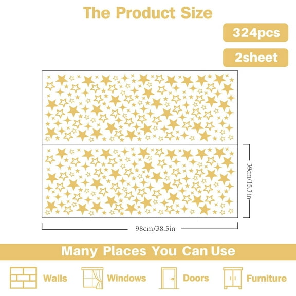324Pcs Gold Star Wall Stickers Warm Stars Wall Decals for Bedroom Living Room Sofa Background Ceiling Nursery Home Decoration Large Size Peel and Stick Wall Stickers Window Decor