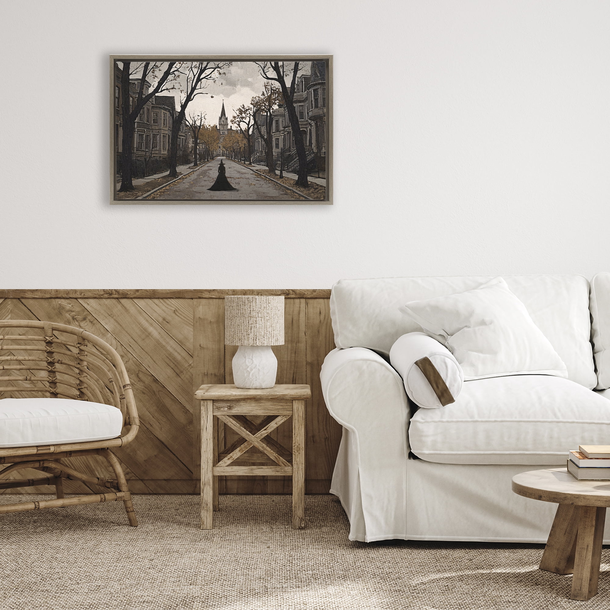 Stupell Industries Witch Strolling Town Streets Brown Framed Floater Canvas Wall Art, design by Jacky Ngan