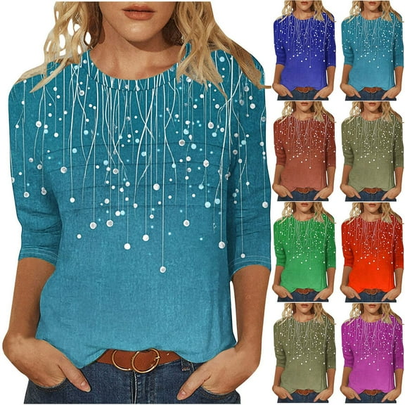 CYMMPU Spring Tops Crew Neck Loose Fit 3/4 Sleeve Flower Pattern Blouses for Women Dressy Casual Summer Trendy Shirts Tunic Tops Lightweight Basic Tees Blue M