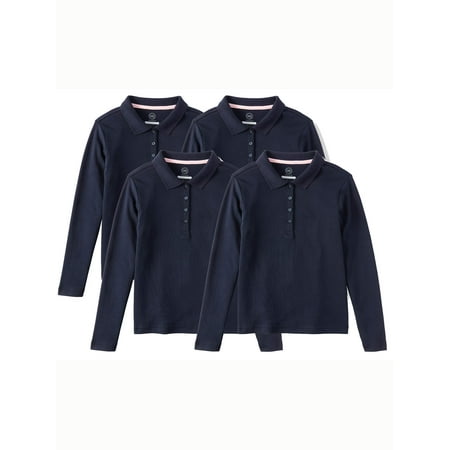 Girls School Uniform Long Sleeve Interlock Polo, 4-Pack Value Bundle