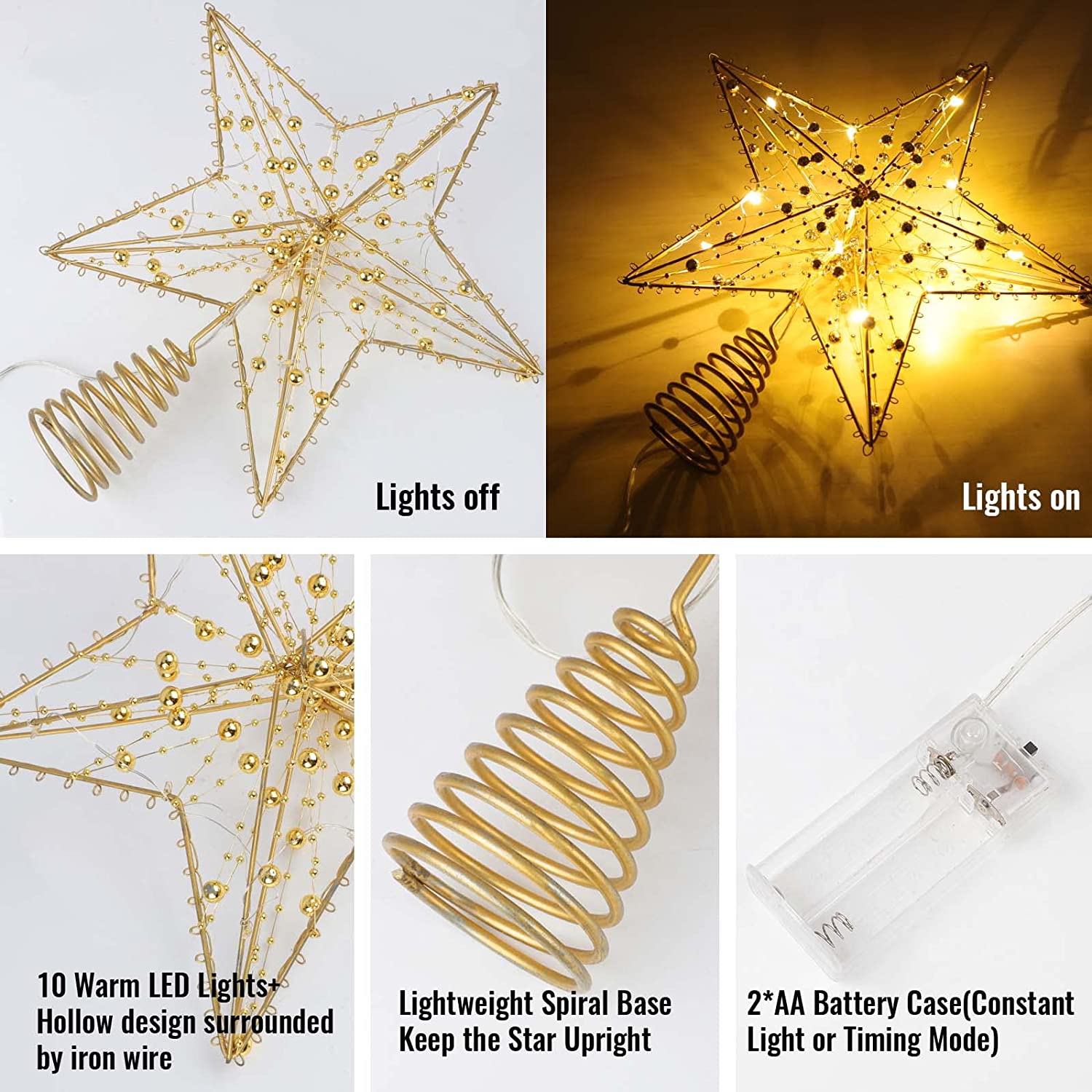 TGNAZET Gold Star Christmas Tree Topper with 10 LED Lights photo 2
