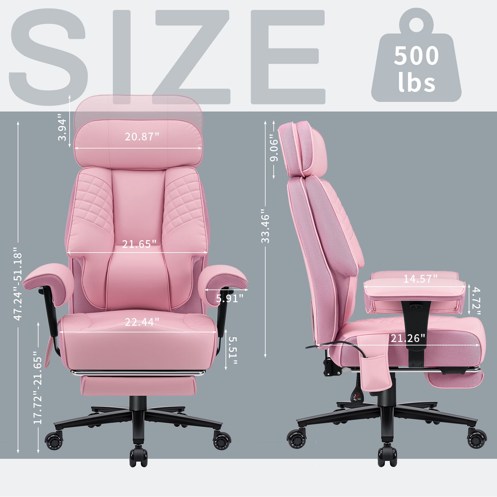 Hoffree Big and Tall Office Chair 500lbs, Reclining Ergonomic Desk Chair with Adjustable Lumbar Support, Arms and Headrest, Executive Leather High Back Computer Chair with Footrest for Home, Pink