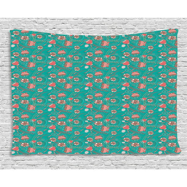 Teal And Pink Tapestry Abstract Flowers With Pink And White Dots Swirls Little Leaves Wall Hanging