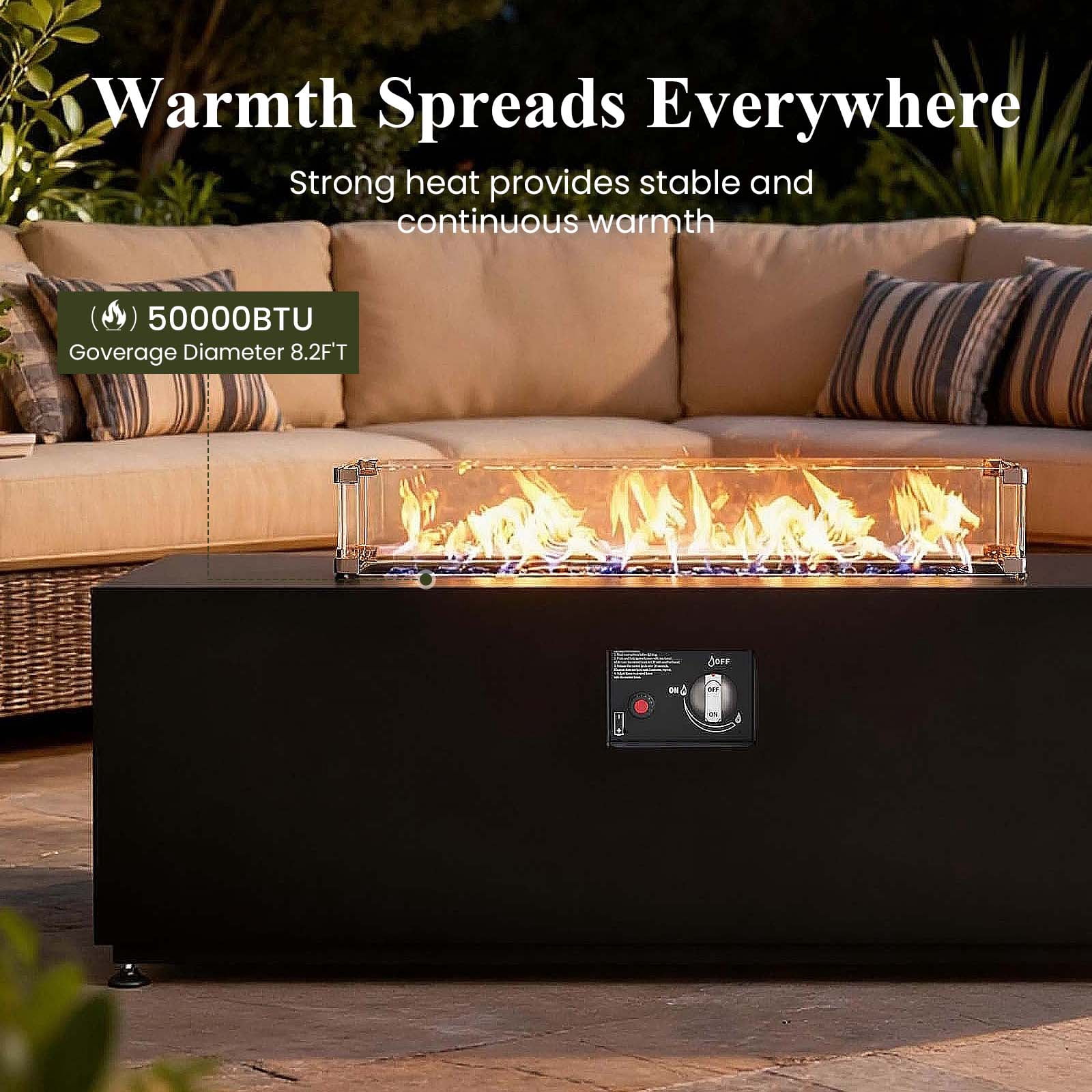 LayinSun 42 Inch Outdoor Fire Pit Table for Outside Patio, 55000BTU Rectangle Propane Firepit with Hidden Fuel Tank, Glass Wind Guard, Waterproof Cover and Lid