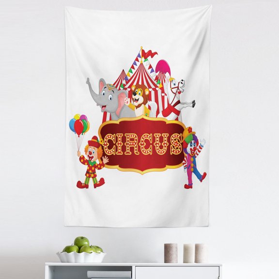 Circus Tapestry, Happy Fun Trained Circus Animals with Nostalgic Tent Carnival Party Show Art, Fabric Wall Hanging Decor for Bedroom Living Room Dorm, 5 Sizes, Red White, by Ambesonne