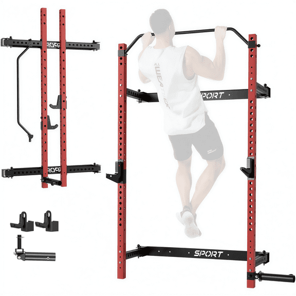 GARVEE Folding Squat Rack for Home Gym,1000 lb Capacity Wall Mounted Power Rack,, Black&Red