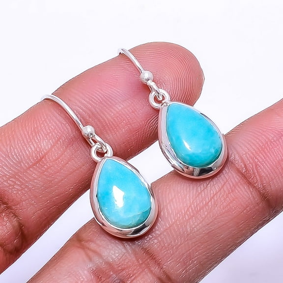 Natural Larimar - Dominican Republic 925 Sterling Silver Earring 1.17" E86, Christmas Gift, Gemstone Silver Jewelry, Larimar Earring, New Year Sale