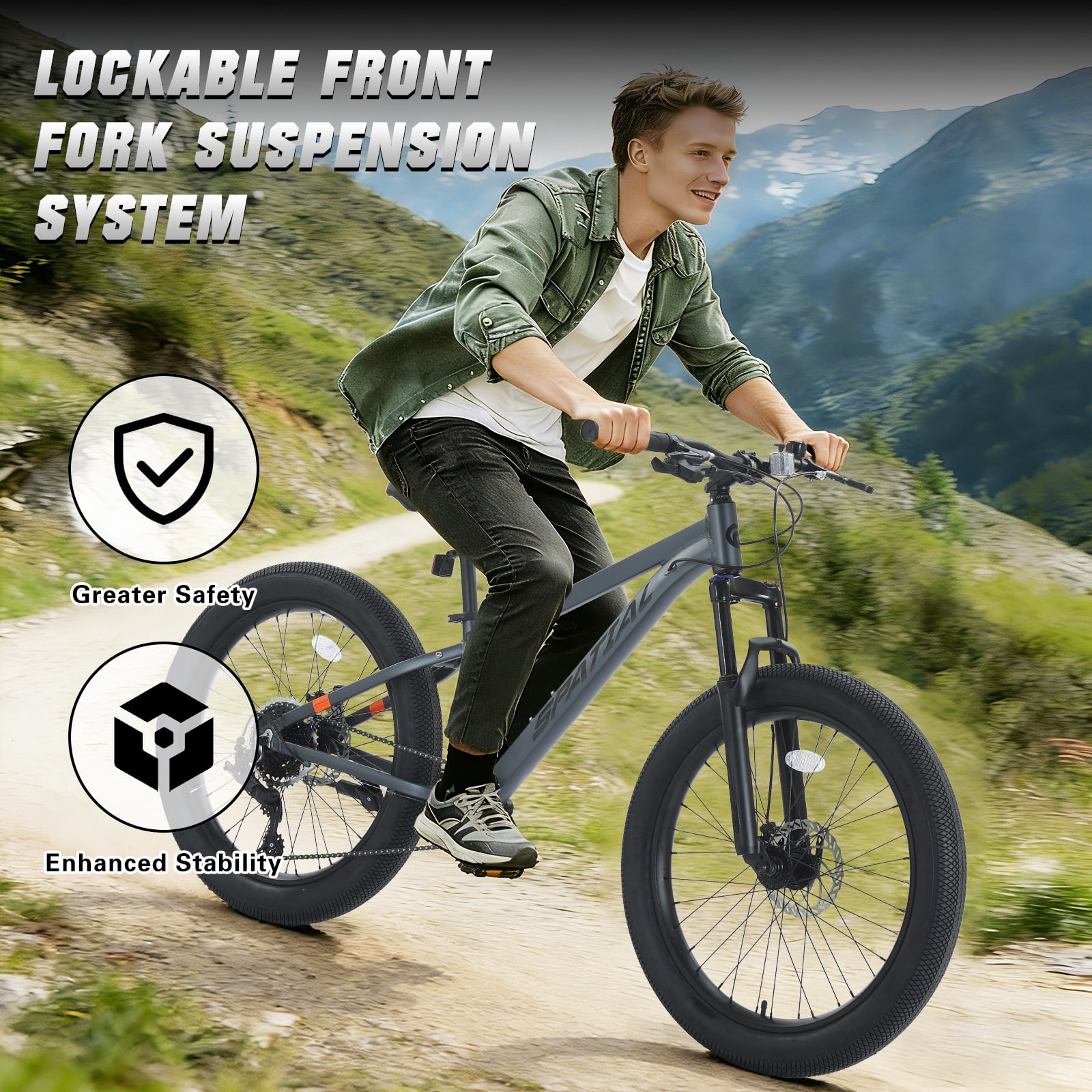 SPATIAL 24 inch Pro Fat Mountain Bike,8-Speed Gears MTB Mountain Bikes,Aluminum Frame Dual Disc Brakes,Dark Gray