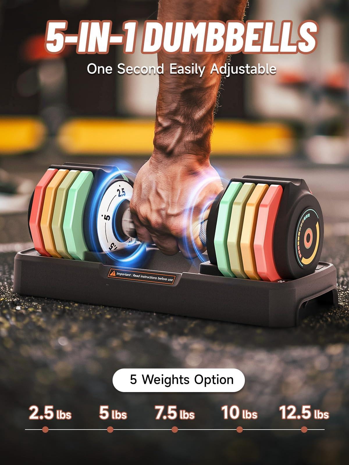 Adjustable Dumbbells Set 12.5lb Pair  1-sec Fast 5 Free Weights Comfort Non-slip Metal Handle Compact Size For Full Body Home Workout