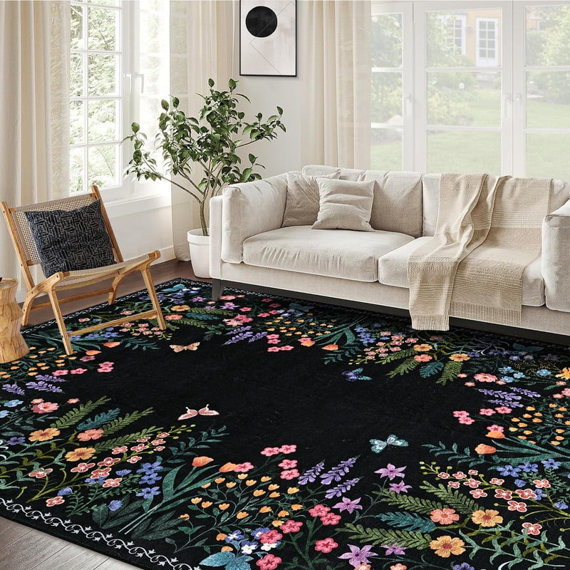 Washable 9x12 Area Rugs, Large Living Room Rug, Non-Slip Soft Floral Rugs for Bedroom, Botanical Area Rug Carpet for Dining Room Guest Room (Black,9'x12')