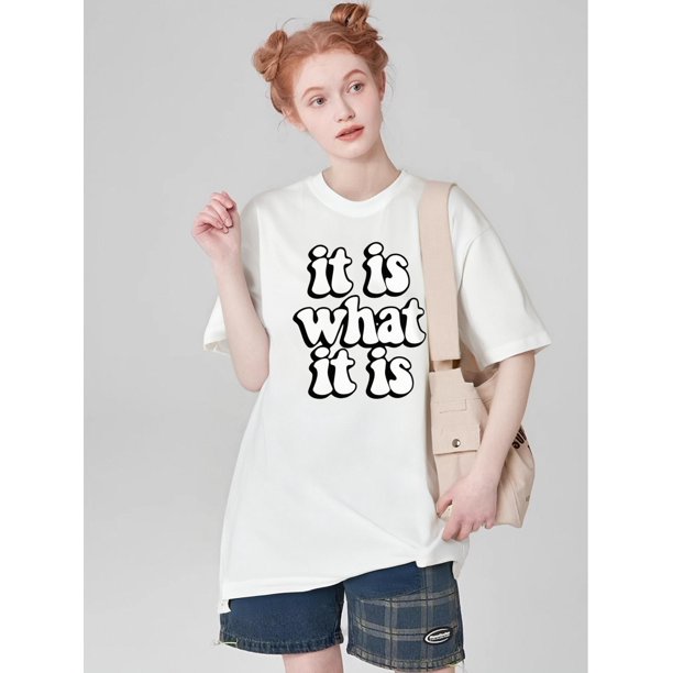 Letter Print T-Shirt for Women - Casual & Cute, Short Sleeve, Round Neck, Stretchy 100% Cotton, Machine Washable, Bottoming, Daily Wear Tee For adult, Men, Women, Teen, Teenager, adolescent, Youth