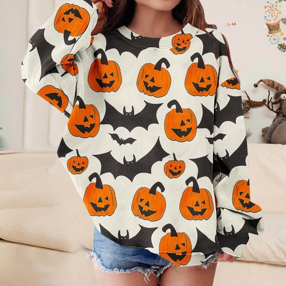 Piuwrlz Kid Halloween Pattern Hoodies Girls No Hat Sweatshirts Long Sleeve Pullover Multicolor Size 3-4 T