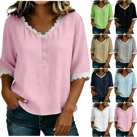 Otntypg Womens Linen Tops Elbow Length Sleeve Lace Trim Button V Neck T-shirt Dressy Casual Work Blouses Summer Outfits Beach Vacation Tunic Tees Shirt Black S
