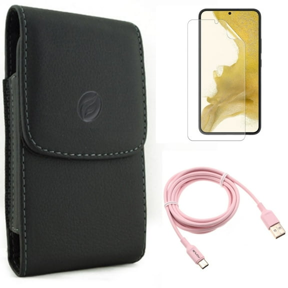 For Samsung Galaxy S21 (6.2") - Anti-Glare TPU Film Matte Screen Protector   Holster Leather Case Belt Clip   Charger Cord Pink 6ft USB-C Cable