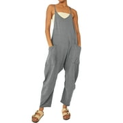 STARVNC Women Solid Color V Neck Sleeveless Pockets Jumpsuit