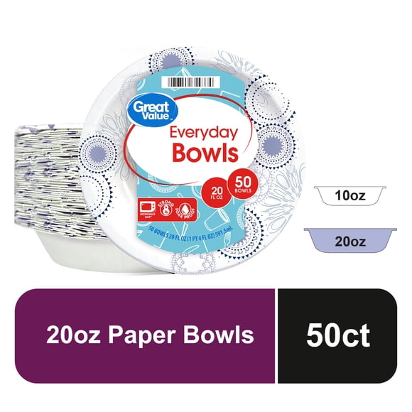 Great Value Everyday Disposable Paper Bowls, 20 oz, 50 Count