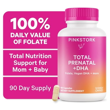 Pink Stork Total Prenatal Vitamins with DHA, Folate, and Iron, 180 Capsules