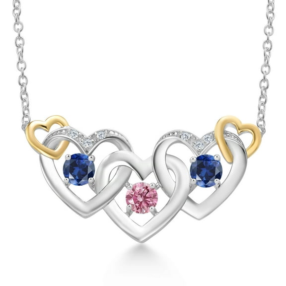 Gem Stone King 925 Silver and 10K Yellow Gold Pink Lab Grown Diamond Blue Created Sapphire Heart Shape Pendant Necklace for Women (0.81 Cttw, with 18 inch Chain)