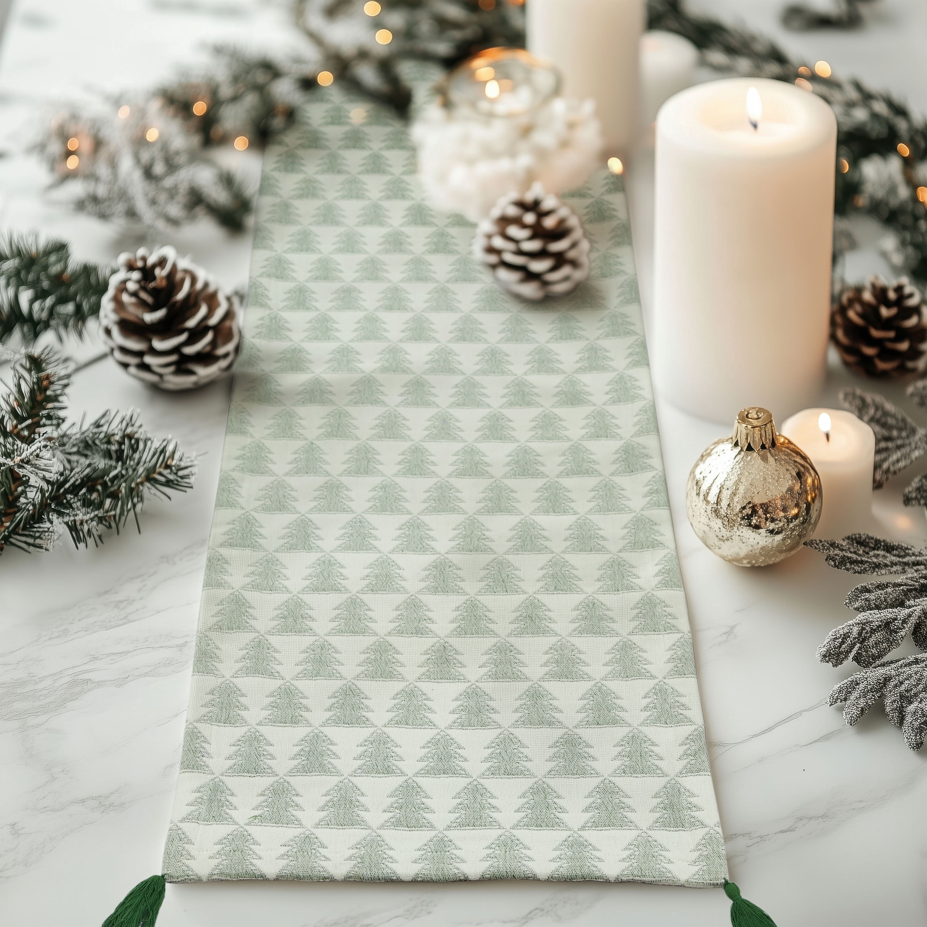Holiday Trees Jacquard 13" x 72" Table Runner- 100% Cotton, Green