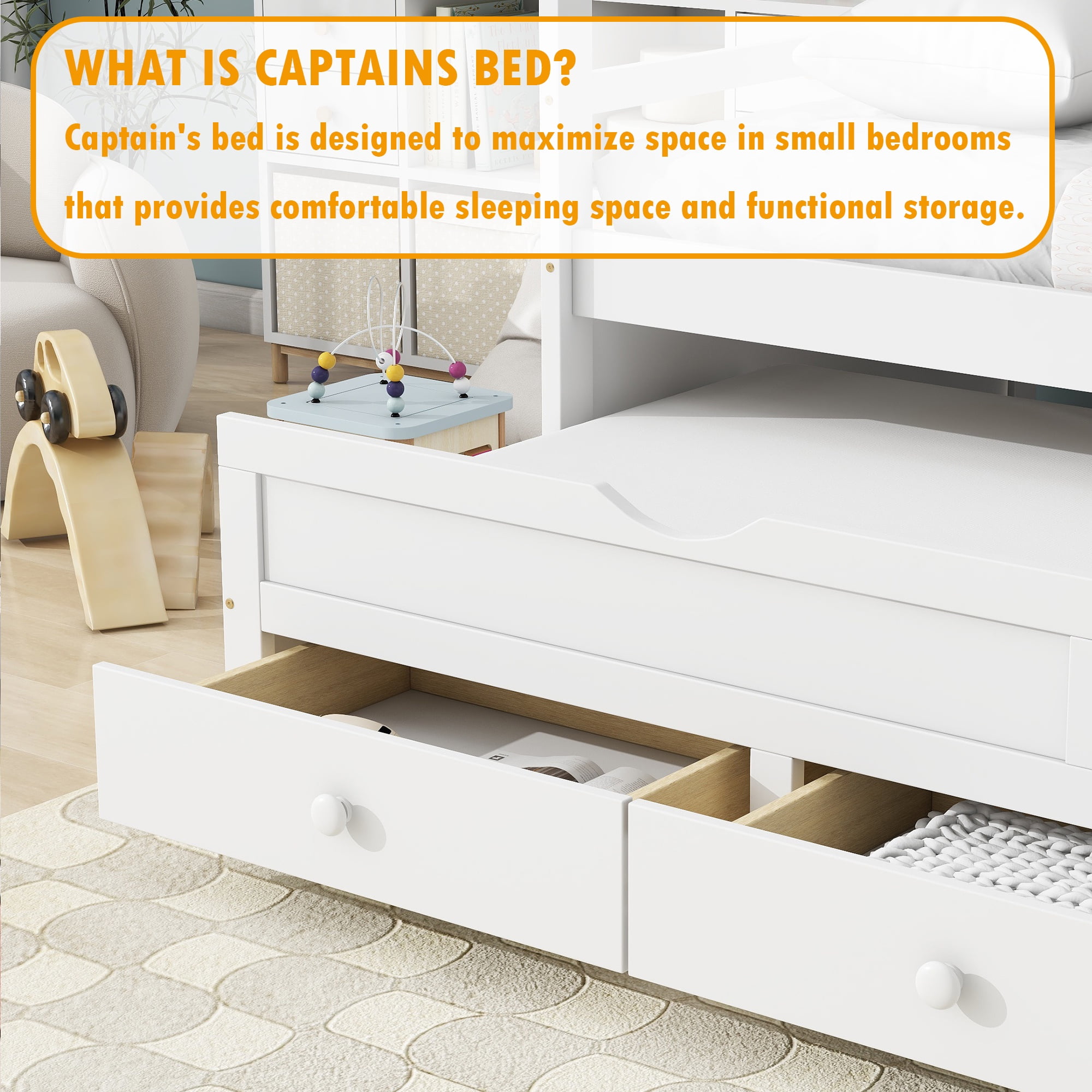 Bellemave Twin Size Platform Bed with Trundle and Storage Drawers Twin Captain’s Bed with Headboard and Footboard Storage Bed Frame (White)