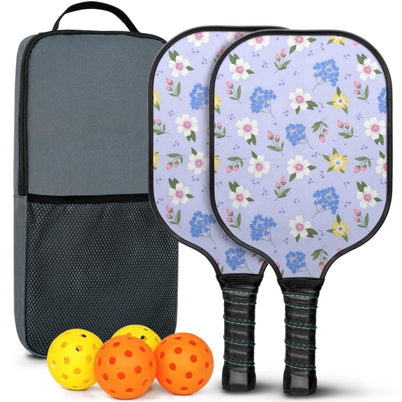 Pickleball Paddles Set,Pioneer Flower Floral Print Pattern Fiberglass Surface Pickleball Racket Set with 2 Indoor Outdoor Pickleball Balls and Pickleball Bag,Pickle-ball Equipment