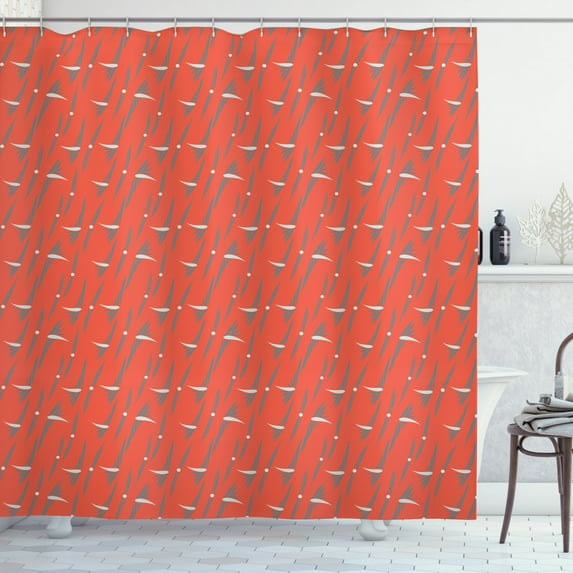 Retro Shower Curtain, Abstract Composition of Floral Motifs Memphis Style Vintage Nineties, Fabric Bathroom Set with Hooks, 69W X 70L Inches, Dark Coral Grey Pale Grey, by Ambesonne