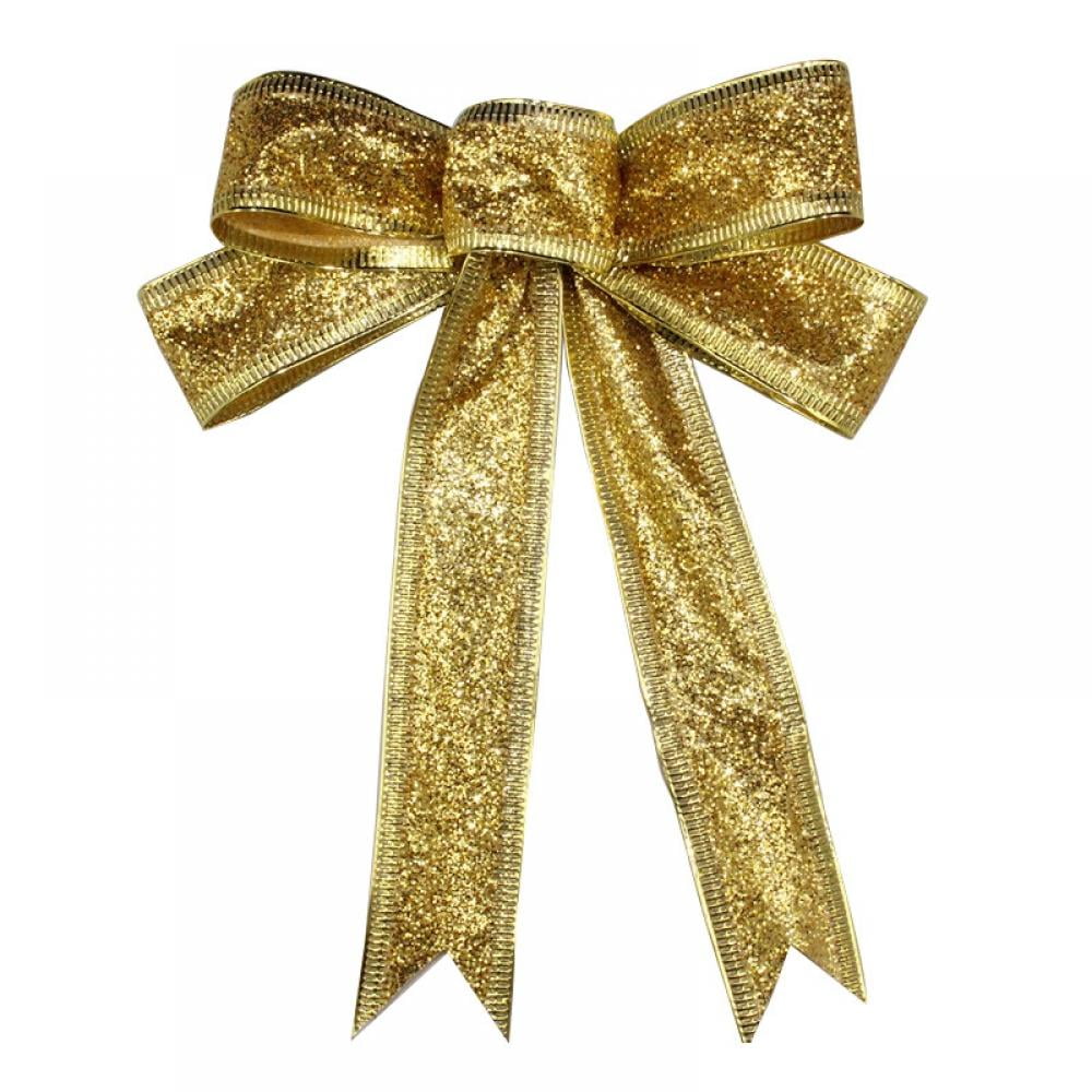 Pack of 6 Gold Glitter Striped 2 Loop Christmas Bow Decorations 5.5