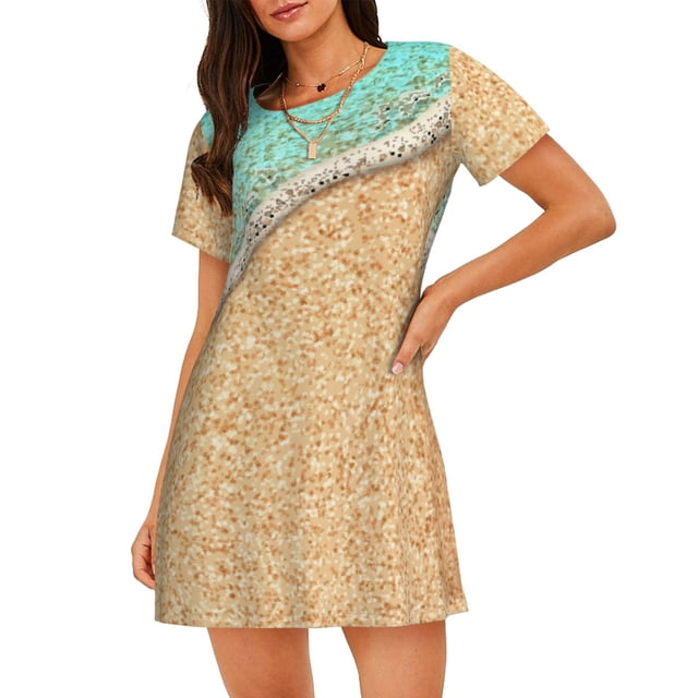 Fotbe Beach Footprint Bata de Dormir para Mujer con Estampado, Camisón de Algodón de Manga Corta, Ropa de Dormir Casual