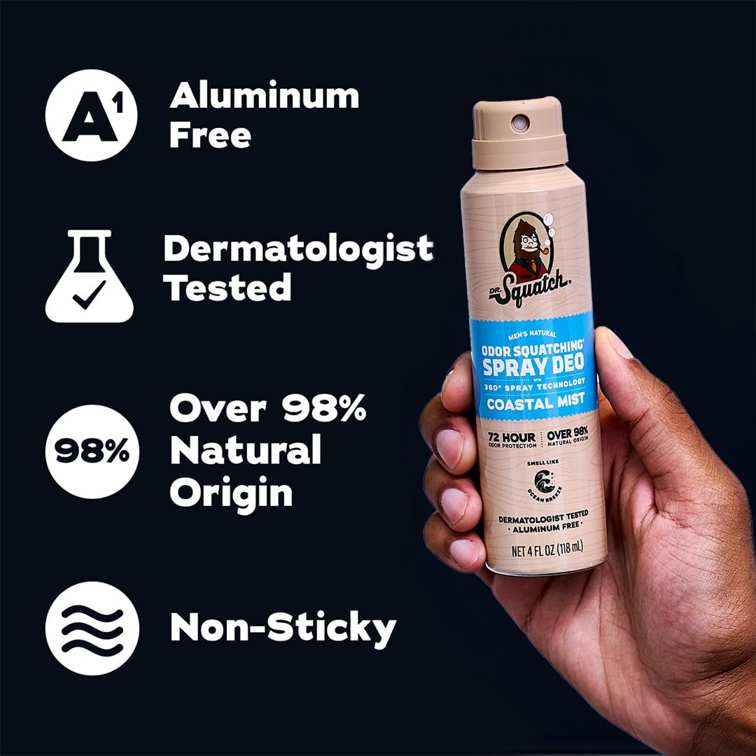 Dr. Squatch Mens Spray Deodorant, Natural Aluminum Free Deodorant for Men, Coastal Mist, 4 fl Oz