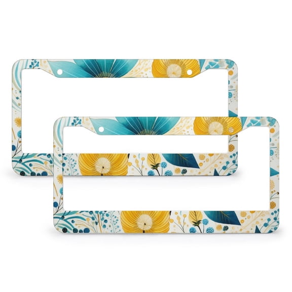 License Plate Frames Blue Yellow Watercolor Floral Winter Design License Plate Cover Frame 2 PCS Floral Watercolor Bright Summer Pattern Quality Aluminum Metal License Plate Cover for Women Men