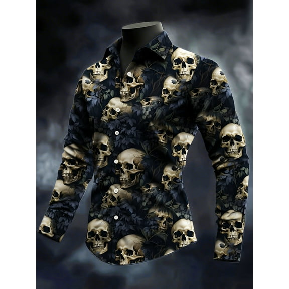 Mens Halloween Shirt Long Sleeve Button Down Shirts Vintage Skull Graphic Print for Holiday Formal Business Button Down Shirts Black Skull L