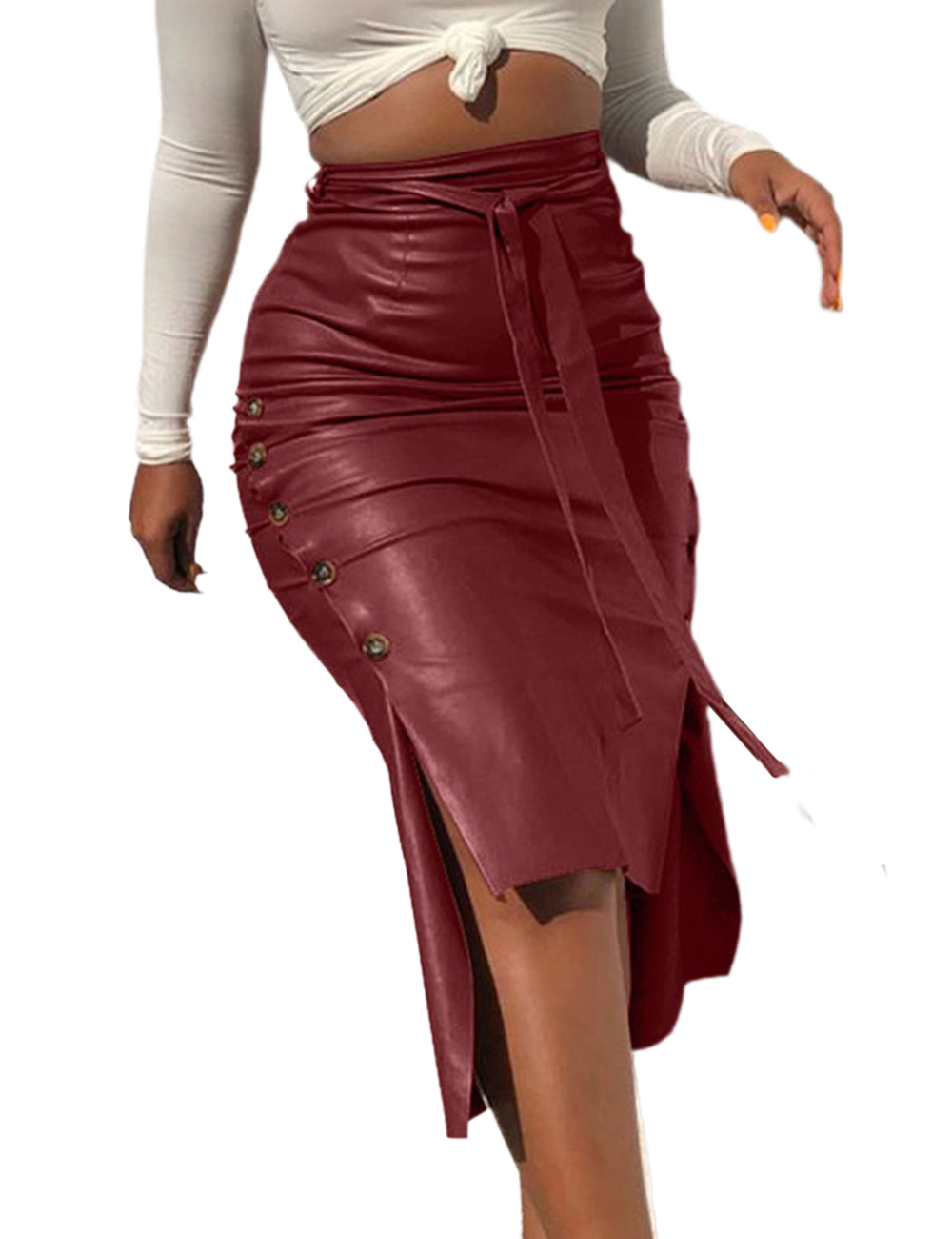 faux leather midi skirt red