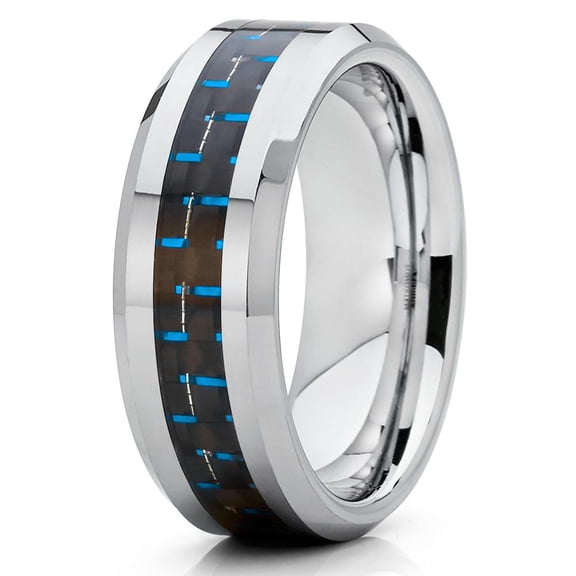 8mm Polished Silver Tungsten Carbide Wedding Band Blue Carbon Fiber Mens Comfort Fit Ring 10