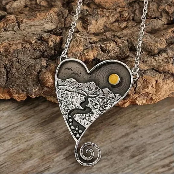 K-KED Bohemian Vintage Creative Love Mountain River Sun Heart Pendant Necklace Gift