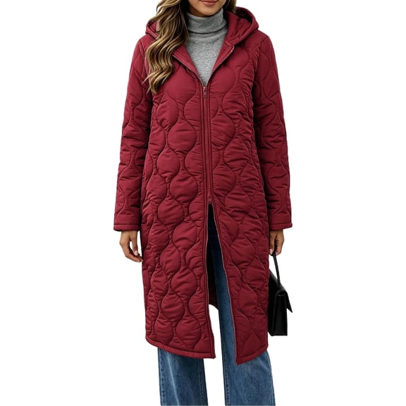 cocolona Womens Long Quilted Jacket LightWeight Long Sleeve Hooded Zipper Puffer Coat Casual Loose Solid Color Winter Warm Snow Long Outerwear