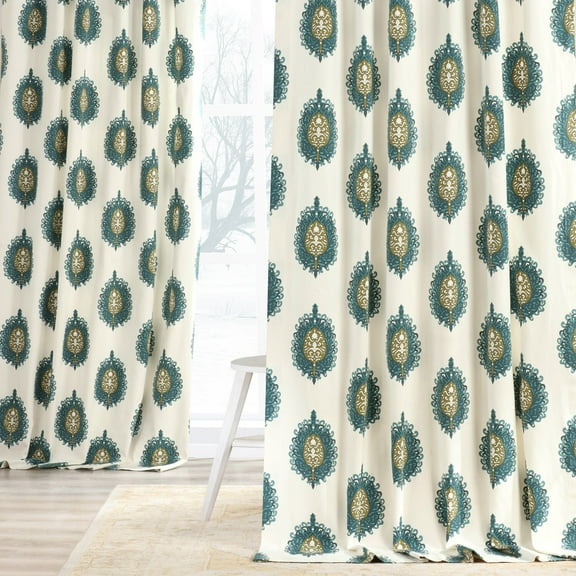 Mayan Teal Printed Cotton Curtain (1 Panel), Mayan Teal, 50W X 96L