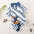 thumbnail image 2 of Infant Baby Boys Clothes Baby Boys One-piece Romper Bodysuit Long Sleeve Dinosaur Print Stripe Romper Jumpsuit Blue 6-9 Months, 2 of 7