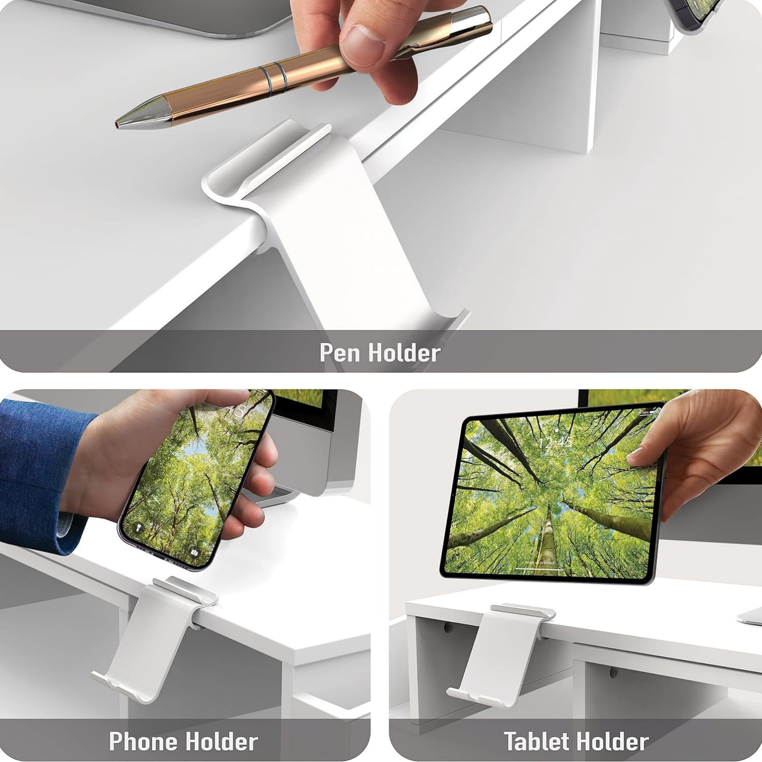 Desk Dual Monitor Stand Riser with Drawer, White