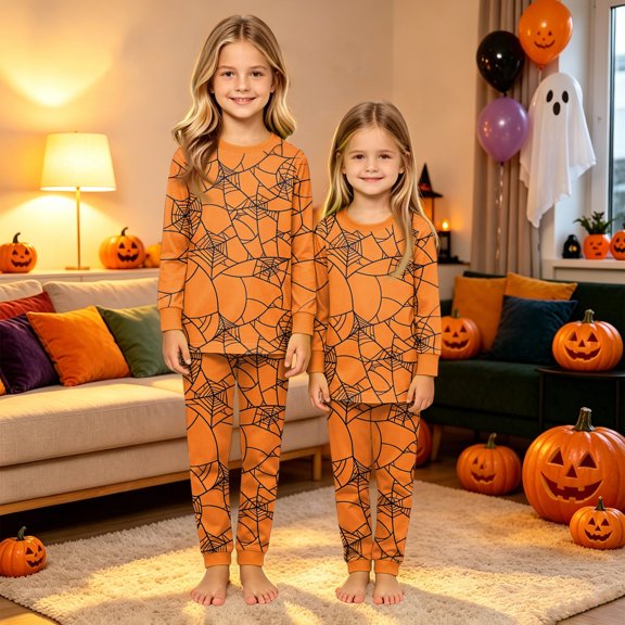Matching Family Halloween PJs Pajamas Set, Cute Pumpkin Ghost Long Sleeve Loungewear Sleepwear Outfits for Family Movie Night