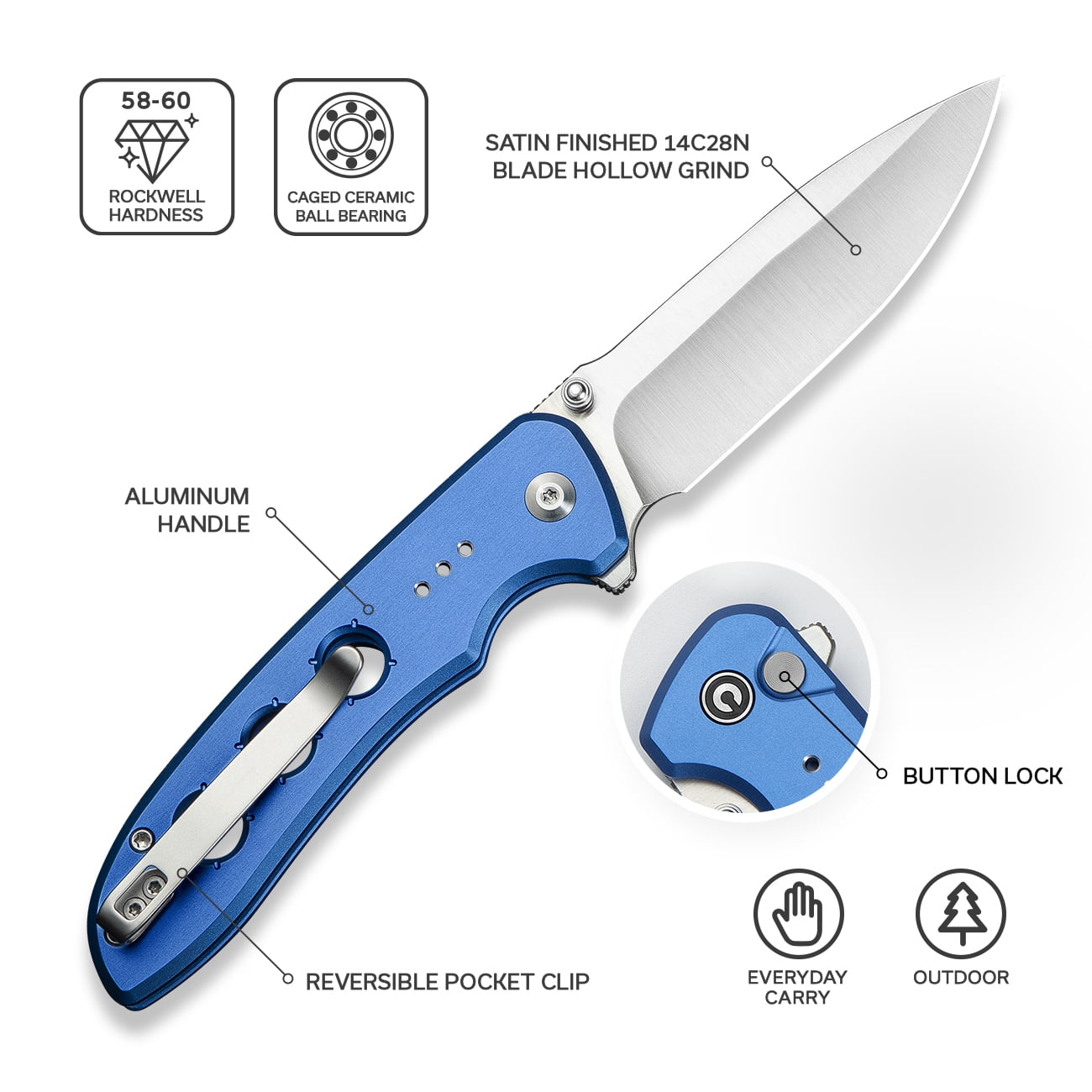 CIVIVI Hyperpulse Pocket Folding Knife, 3.5" 14C28N Blade Lightweight Blue Aluminum Handle C23087A-2