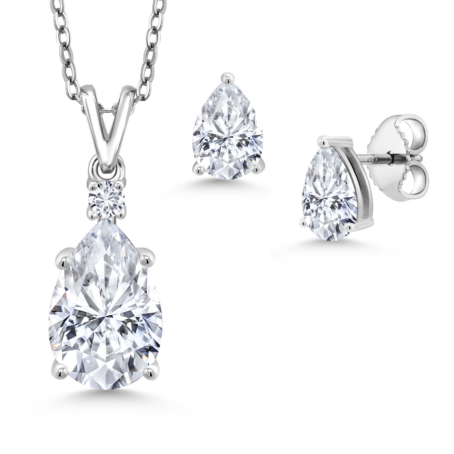 925 Sterling Silver White Moissanite and White Lab Grown Diamond Pendant and Earrings Jewelry Set for Women | 4.48 Cttw | Gemstone Birthstone | Pear Shape 12X8MM and 7X5MM | with 18 inch Chain