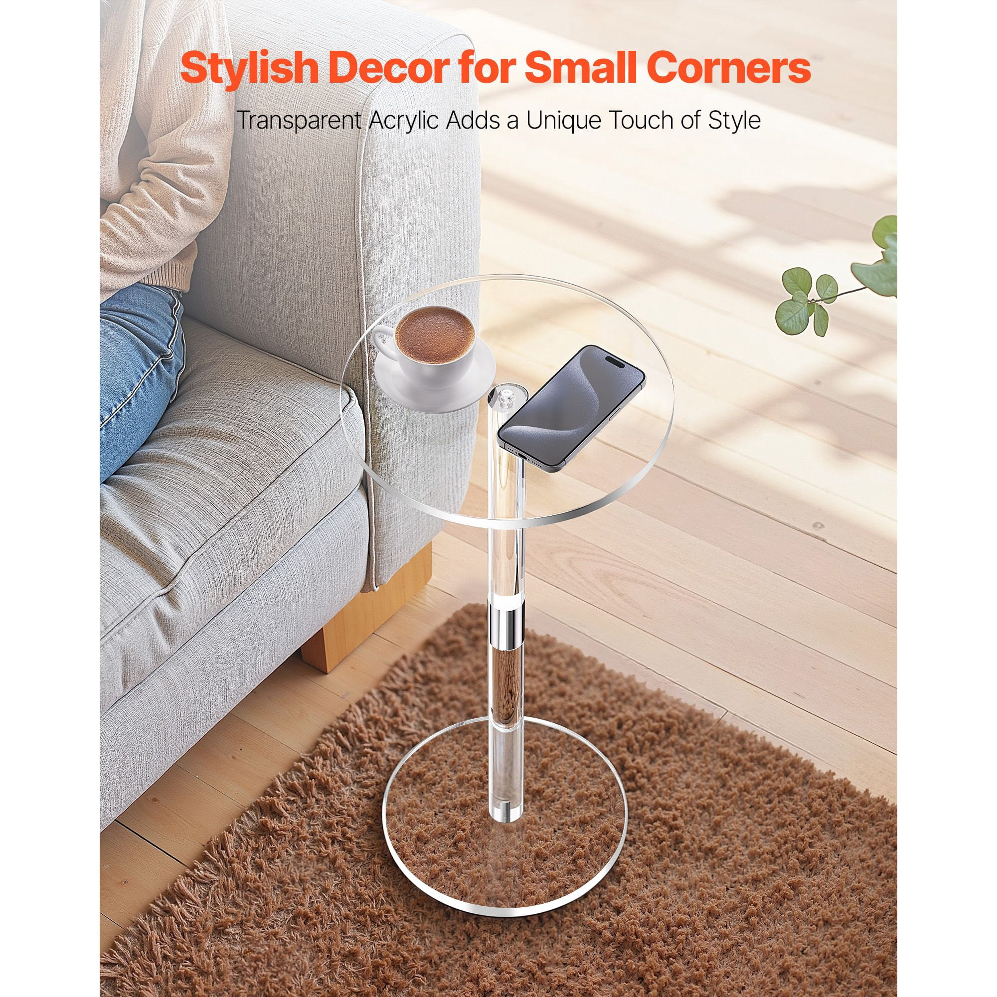 Acrylic Drink Table 10x10x21.3 Inch Clear End Table Round Top Solid Post 0.3 Inch Thick Supports 11 lbs for Living Room Bedroom