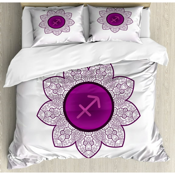 Zodiac Sagittarius Queen Size Duvet Cover Set, Oriental Mandala Design with Horoscope Symbol Floral Arrangement, Decorative 3 Piece Bedding Set with 2 Pillow Shams, Purple and White, by Ambesonne