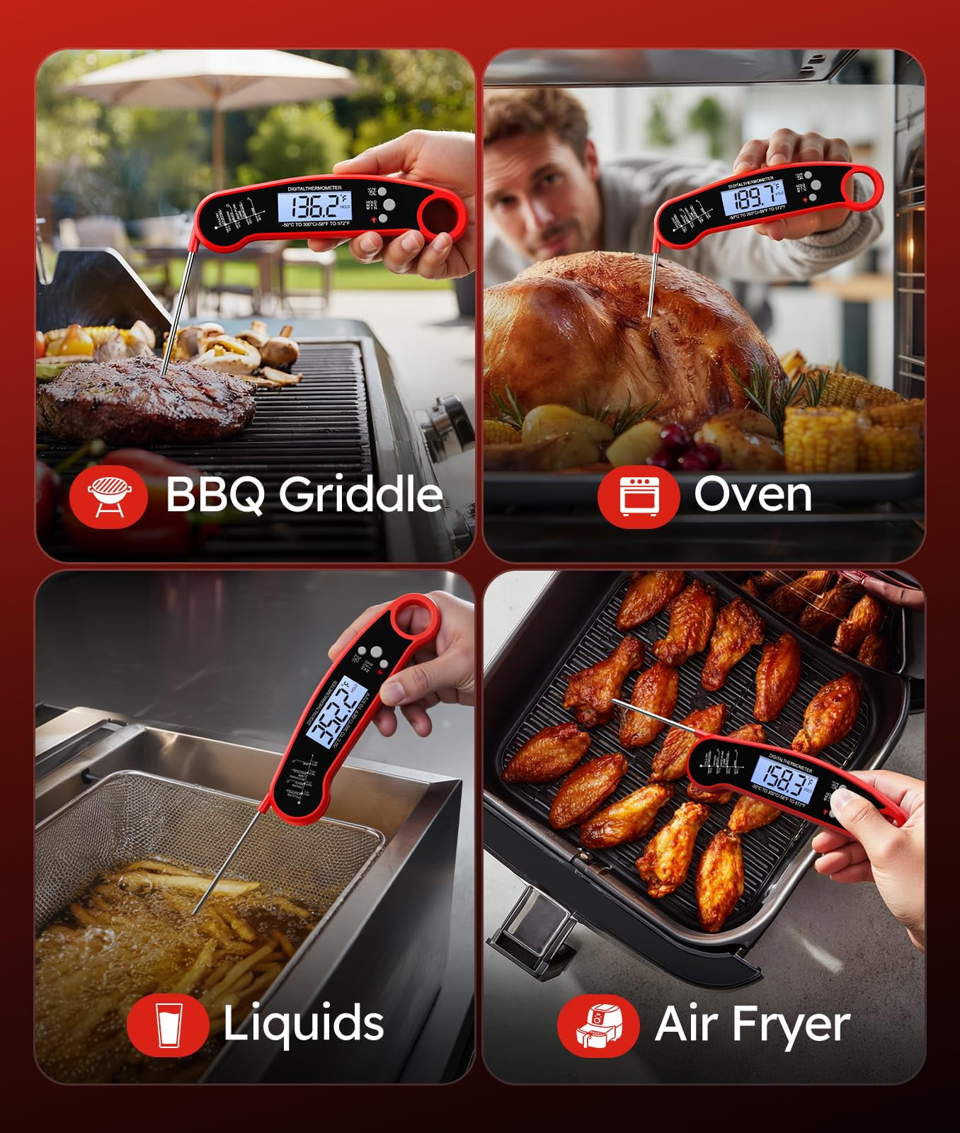 CAURHQSX Meat Thermometer Digital - Instant Read Food Thermometer for Cooking Grilling, Candy, Air Fryer, Griddle Probe Kitchen Gadgets Essentials BBQ Accessories, Gifts for Him, Red