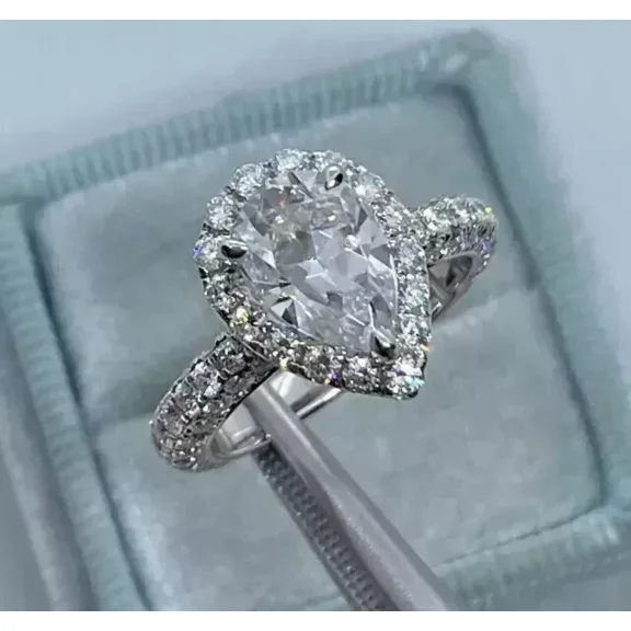 2.00Ct Pear Cut Simulated Diamond Halo Women Engagement Ring For Her 14K White Gold Plated 925 Silver