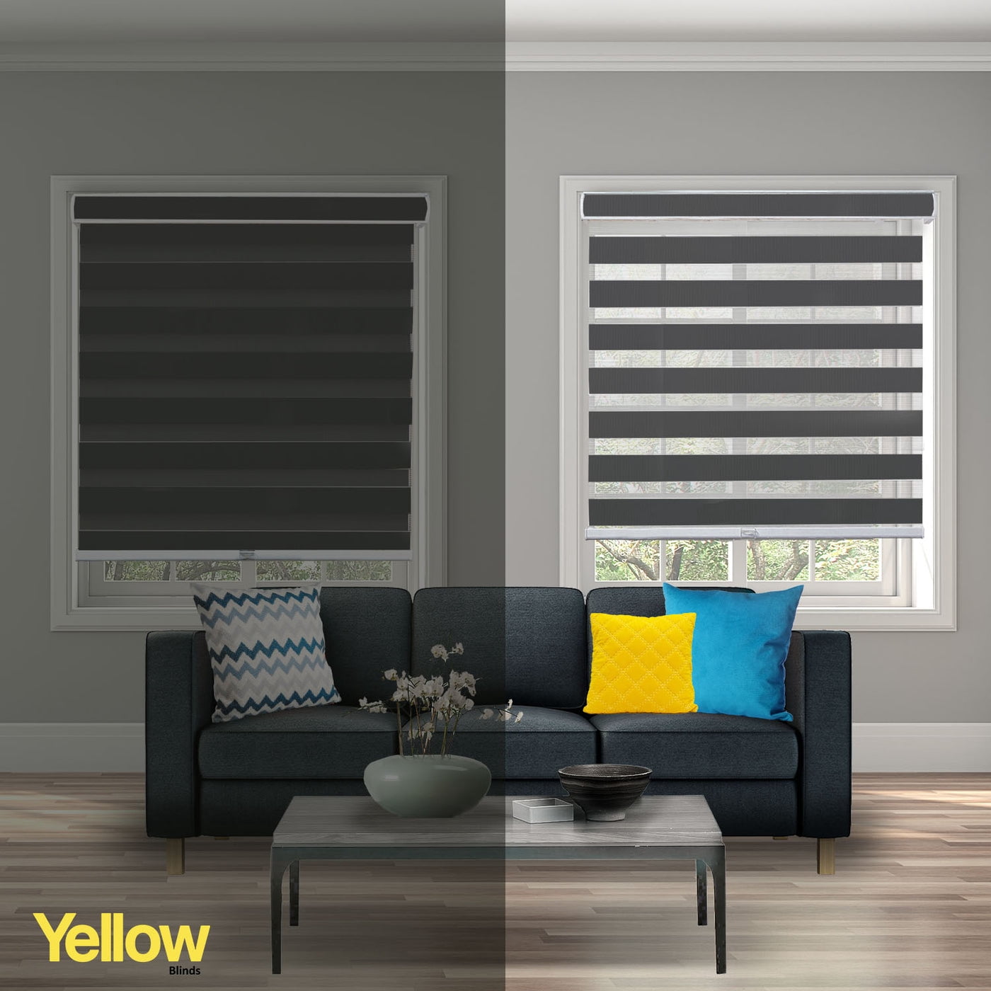 YELLOW BLINDS Gray Cordless Zebra Roller Shades for Windows, Dual Layer Light Filtering & Room Darkening, 70"W X 72"H, Modern Window Blinds with Cassette Valance, Easy Install, Safe for Kids & Pets